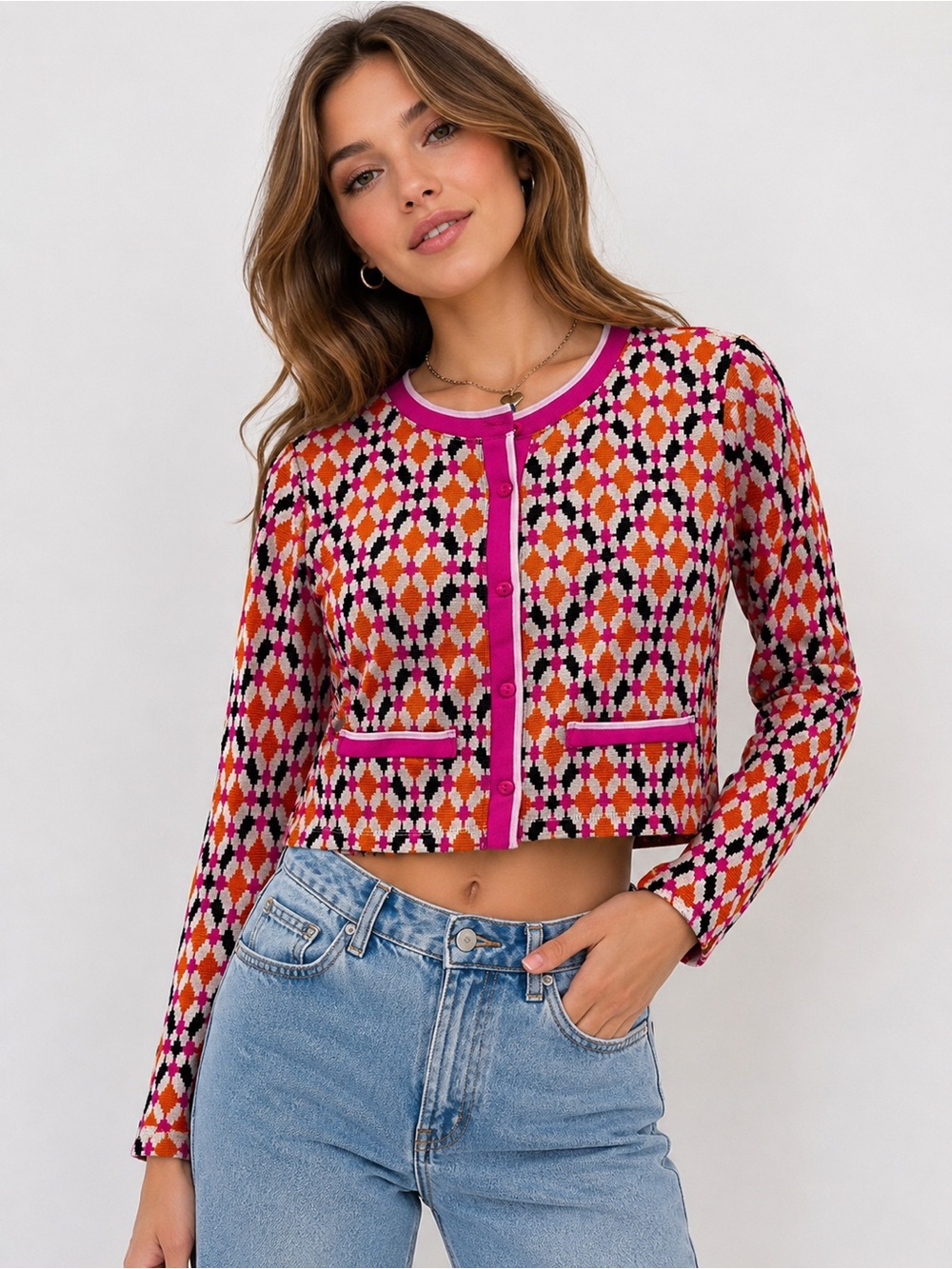 Scoop Geometric Cropped Cardigan Pink Orange Retro Mod Knit Sweater Barbiecore